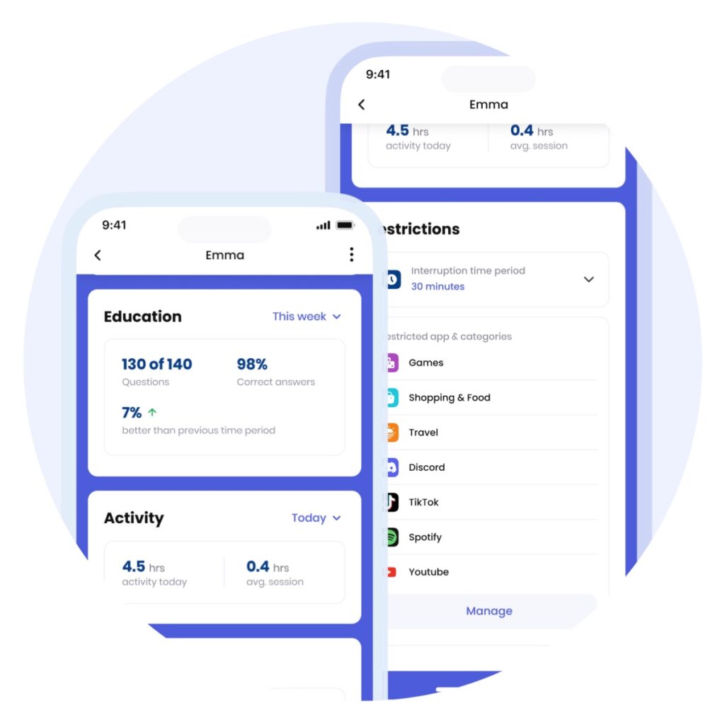 Parental control features with app blocking and learning modules